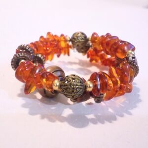 Amber Chip Bead and Brass Bead Wrap Bracelet